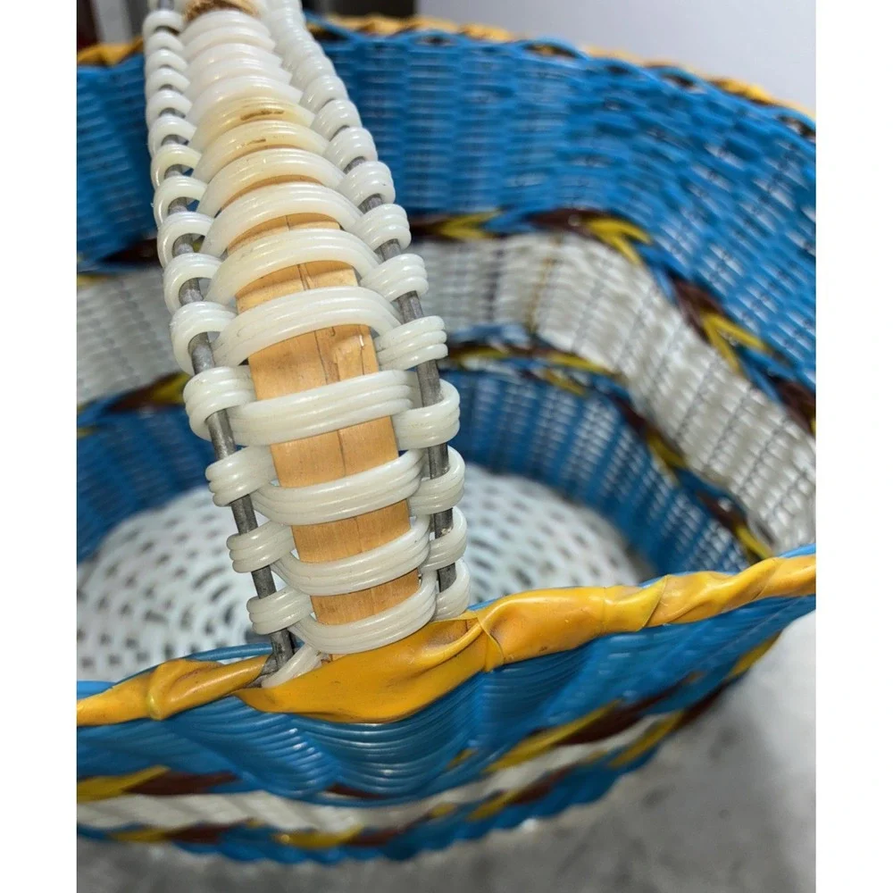 Basket‎ Wire Frame Vinyl Blue Native Southwest Woven MCM 14x12x11